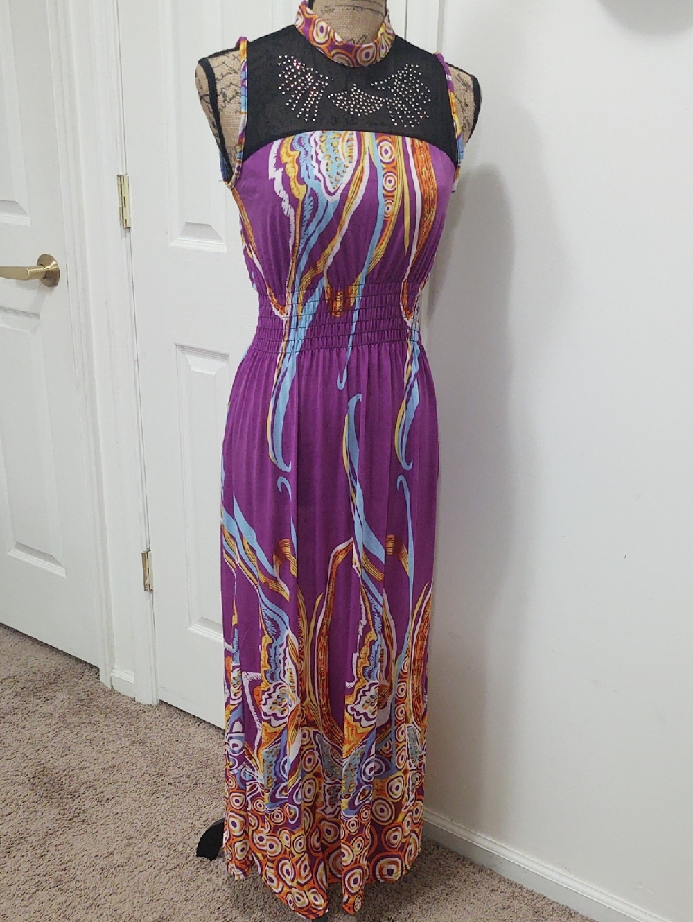 Purple Sleeveless Maxi Dress with Patterned Print